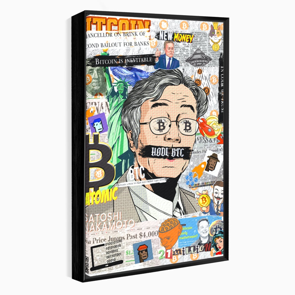 Tablou canvas cu tablou canvas cu portret stilizat bitcoin si satoshi, in rama de aluminiu negru